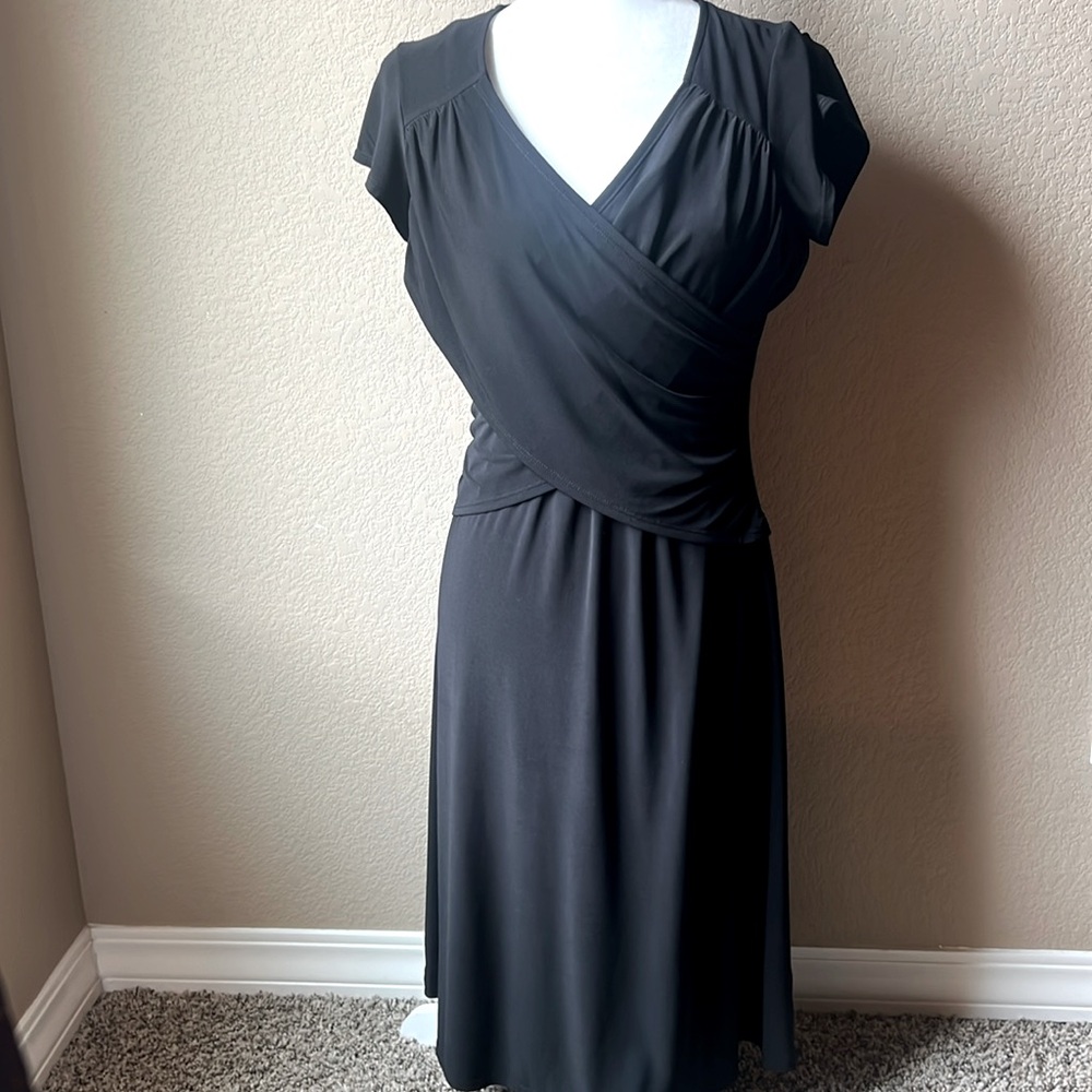 Elementz black cap sleeve wrap dress, size petite medium